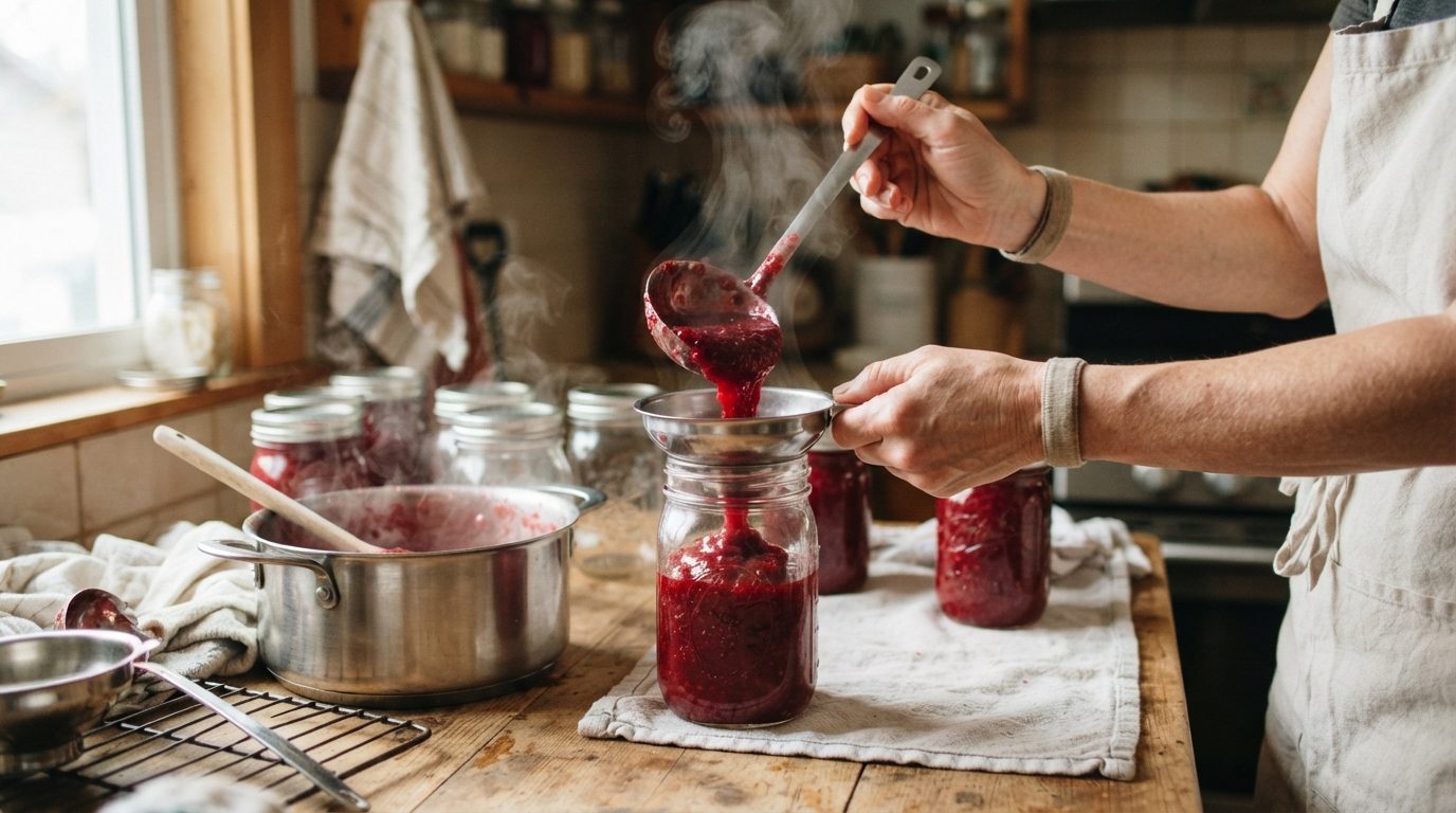 Hænder hælder varm marmelade i steriliserede glaskrukker under tilberedning