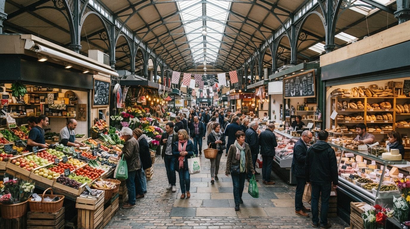 Interiør af dækket markedshalle med flere standere og besøgende