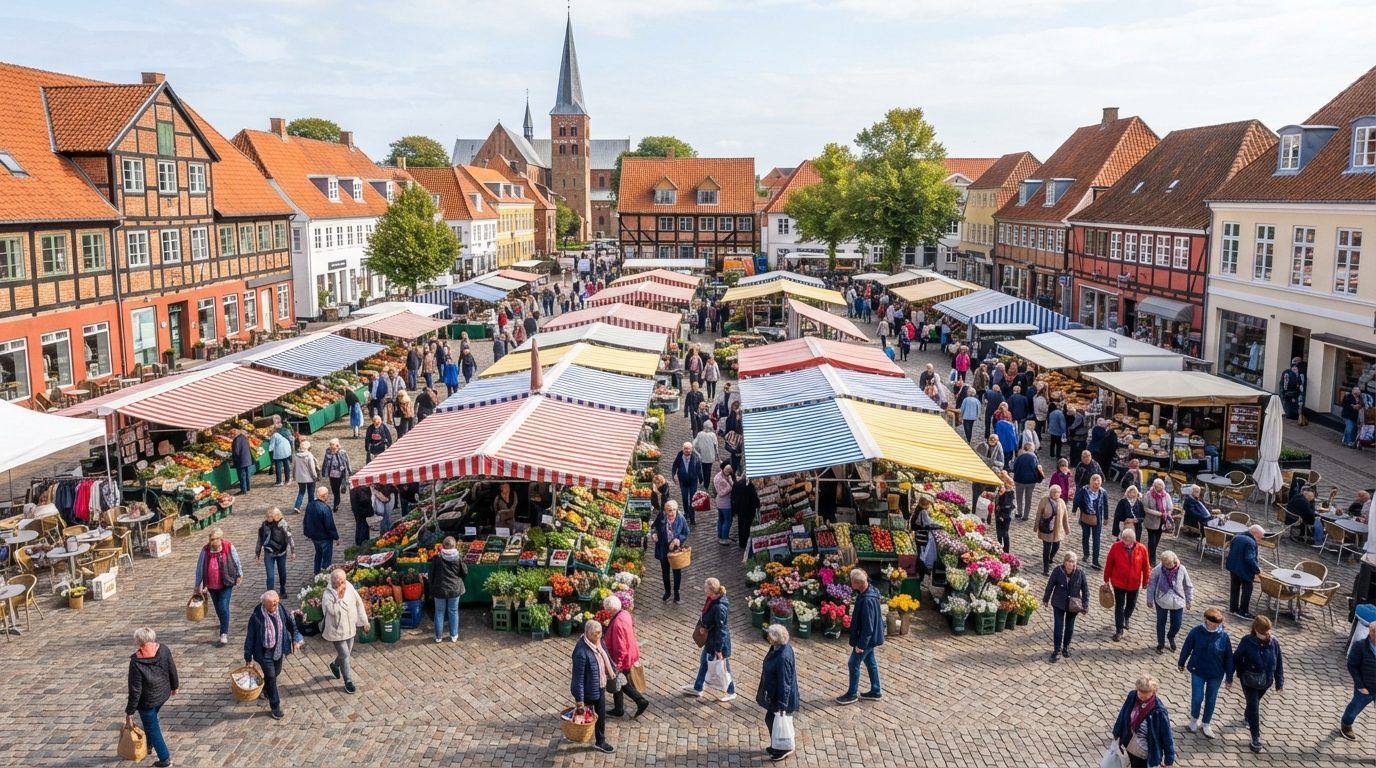 Fugleperspektiv af travlt bondemarkeder på en lørdagmorgen med standere og besøgende