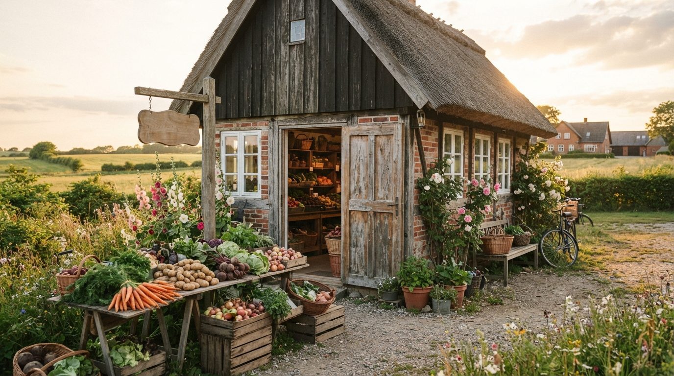 Facade af en gårdbutik på landet med træskilt og åben indgang